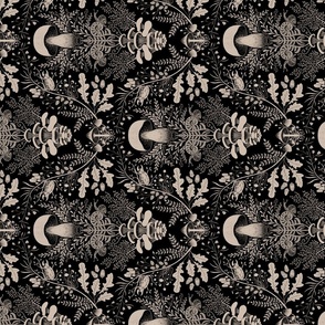 Mushroom Forest Damask Black Background Roteted