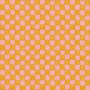 Wobbly Checkerboard - 1" squares - marigold and pink