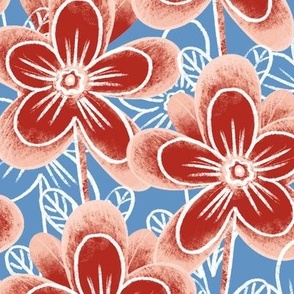 Large flowers, red on a blue background