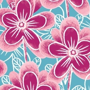 Large flowers, pink on a turquoise background