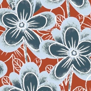 Large flowers, gray on a red-brown background