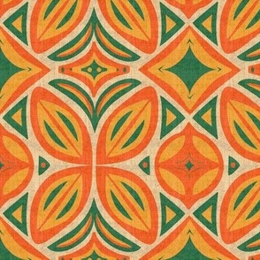 Abstract Bohemian Butterfly Visually Linen Textured in Oranges and Dark Green