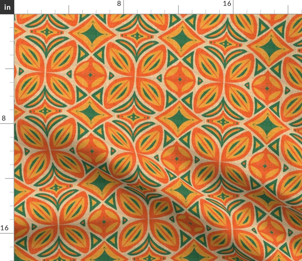 Abstract Bohemian Butterfly Visually Linen Textured in Oranges and Dark Green