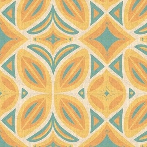 Abstract Bohemian Butterfly Visually Linen Textured in Lemon Peach and Mint Green