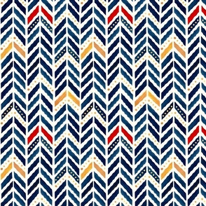 watercolor-herringbone chevron-reworked classics-indigo, gold, red and natural-medium scale