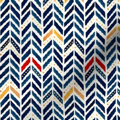 watercolor-herringbone chevron-reworked classics-indigo, gold, red and natural-small scale