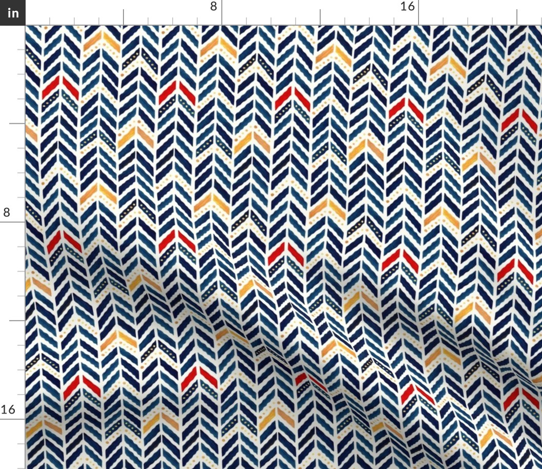 watercolor-herringbone chevron-reworked classics-indigo, gold, red and natural-small scale