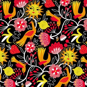 optimistic birds and sunny blooms // black red // medium scale 