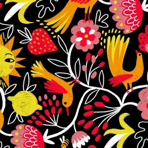 optimistic birds and sunny blooms // black red // large scale 