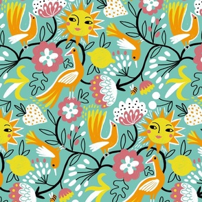 optimistic birds and sunny blooms // mint // medium scale