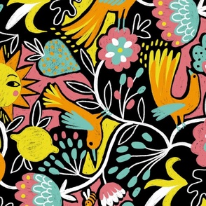 optimistic birds and sunny blooms // black mint // large scale 