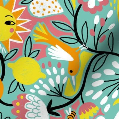 optimistic birds and sunny blooms // mint // large scale 