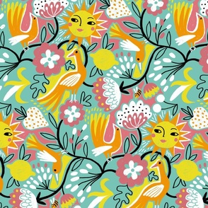 optimistic birds and sunny blooms // mint // large scale 
