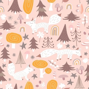 Foxes - woodland baby nursery print in blush, orange and brown