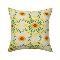 Golden Vintage Sunflowers and Yellow Daisies on Checkered Tan