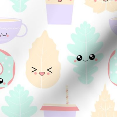 Kawaii Pastel Cozy Fall Autumn Leaves Coffee and Donuts