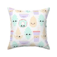 Kawaii Pastel Cozy Fall Autumn Leaves Coffee and Donuts