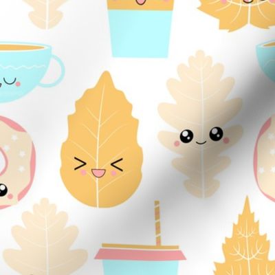 Kawaii Pastel Cozy Fall Autumn Leaves Coffee Tea and Donuts