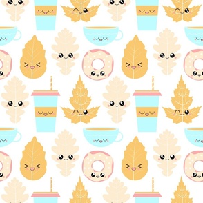 Kawaii Pastel Cozy Fall Autumn Leaves Coffee Tea and Donuts