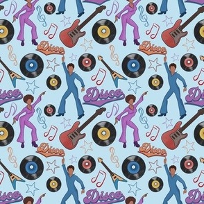 people dancing in disco style on a blue background with guitars and vinyl records