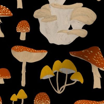 Yellow & Orange Vintage Mushrooms on Black | Medium Scale