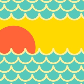 Ocean Sunrise Sun Rising Over Coastal Waves Japanese Style in Bright Yellow Orange and Turquoise - LARGE Scale - UnBlink Studio by Jackie Tahara 