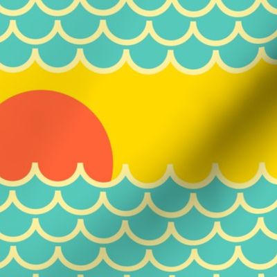 Ocean Sunrise Sun Rising Over Coastal Waves Japanese Style in Bright Yellow Orange and Turquoise - MEDIUM Scale - UnBlink Studio by Jackie Tahara 