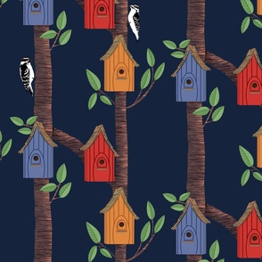 Birdhouse Forest with Downy Woodpeckers