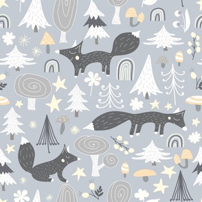 Foxes on gray - winter woodland animals print, christmas xmas fabric and wallpaper