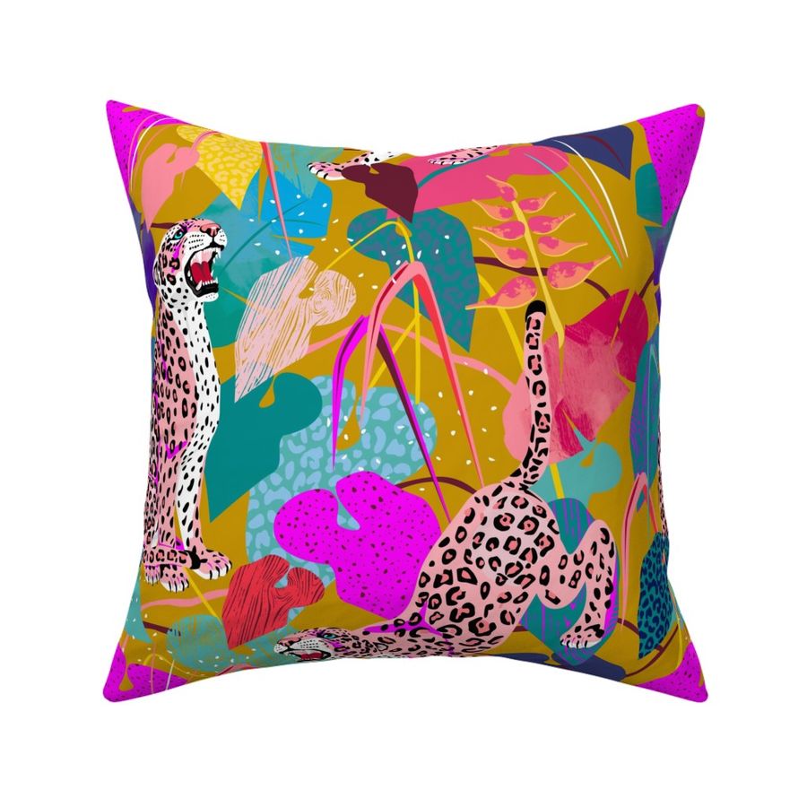 Vintage kitsch pink leopards in jungle Fabric | Spoonflower