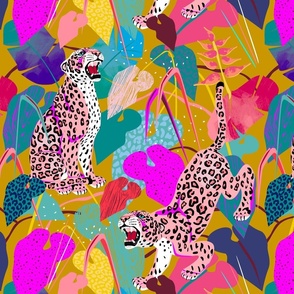 Vintage kitsch pink leopards in jungle on gold