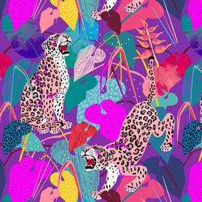 Vintage kitsch pink leopards in jungle purple