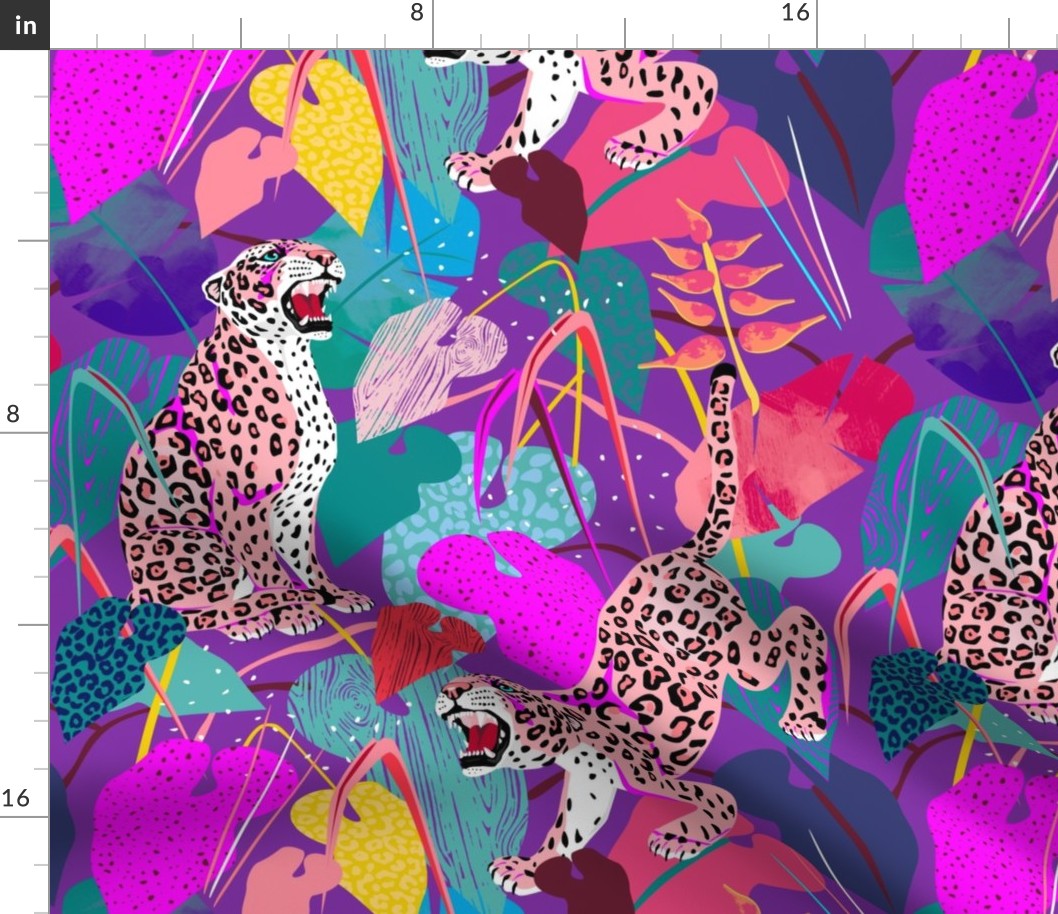 Vintage kitsch pink leopards in jungle purple