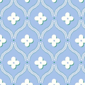 quatrefoil trellis/cream and green on blue background/large