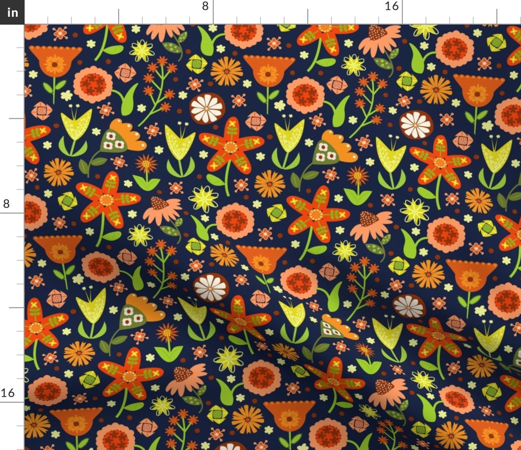 Scandinavian floral / dark blue / orange