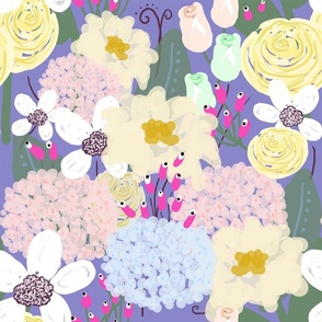 Big Floral Print - Blue - White - Pink - "Magic Garden"