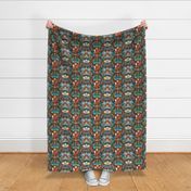Maximalist Fox Tropical Jungle Aesthetic Kitschy Red Yellow Teal Pattern On A Dark Green Background