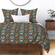 Maximalist Fox Tropical Jungle Aesthetic Kitschy Red Yellow Teal Pattern On A Dark Green Background