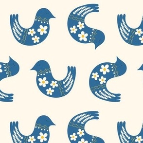 Blue Scandi Folk Art Decorated Birds on an off White Background