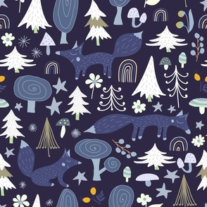 Foxes in navy - winter woodland animals print, christmas xmas fabric and wallpaper