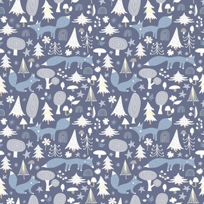 Blue foxes M - winter woodland baby fox animals, forest nursery fabric and wallpaper