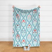 Vintage Folk Floral - Large Scale - Turquoise and Red