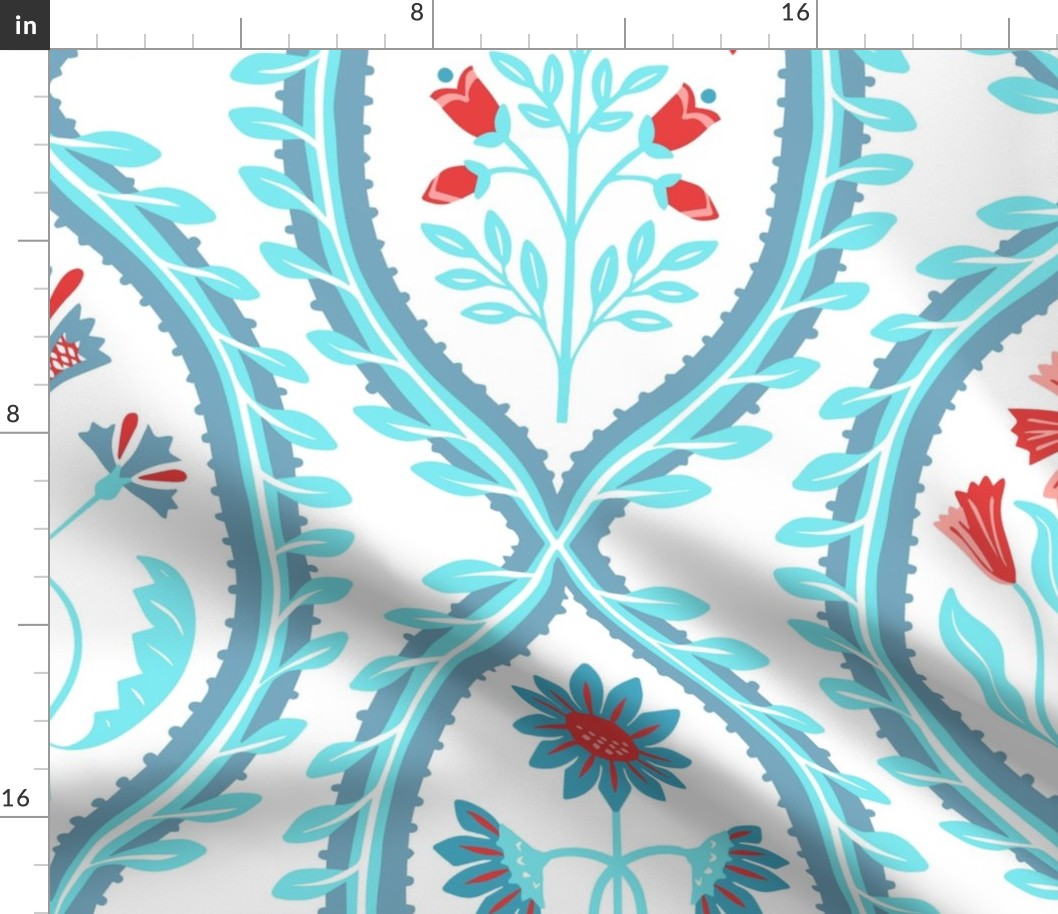 Vintage Folk Floral - Large Scale - Turquoise and Red