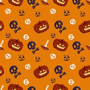 Pumpkin and Skulls on Orange Background, Halloween