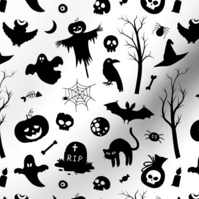 Halloween Silhouettes - Bats Cats Ghosts Skeletons - Black White