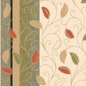 Nostalgia / Vines Scrolls with Vertical Stripes /  Green and Beige / Large scale / see in my collections /