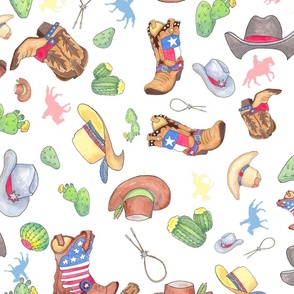 Cowboy Dream, Hats, Bbots, and Cactus Seamless Repeat Pattern