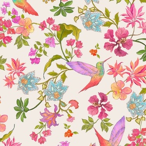 Tropical Florals and Birds_Cream LARGE