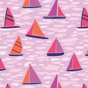 Sail Boat Race at Sunrise in Pink, Purple and Orange (Medium)