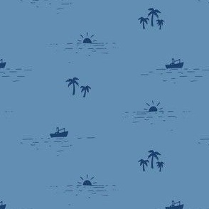 Ocean Dip Boats and Palm Trees in Dusk Denim Blue